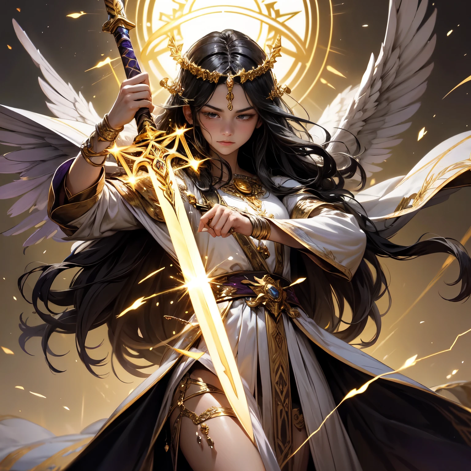 Create an 8K ultra HD digital image of a majestic black-haired Aasimar Druid from the Circle of Dreams, long and smooth, dressed in druidic regalia of royalty, in the castle dormitory. The druid has gray eyes and fair skin. He is dressed in a royal robe of purple velvet with gold and silver trim., Adorned with magical jewels that glow softly. He wears a golden crown with precious stones, gold bracelets on her wrists and a magical amulet around her neck. in the dorm, the druid wields the Sword of Zeus. The sword is made of celestial gold and emits golden rays, with divine inscriptions along the blade that shine brightly. The hilt of the sword is adorned with small rays and lightning., symbolizing his supreme power. He holds the sword in a meditative pose, while electric sparks dance around you. The Sword of Zeus is known for its ability to control thunder and lightning, and an aura of divine power emanates from her. The druid&#39;s dormitory is luxurious and welcoming, with a four-poster bed adorned with silk curtains and velvet pillows. Bookshelves and a large treasure chest decorate the room. Tall windows with brocade curtains let in soft light, creating a serene and magical atmosphere. The image should capture the comfort and tranquility of the bedroom, highlighting the druid&#39;s interaction with the Sword of Zeus.