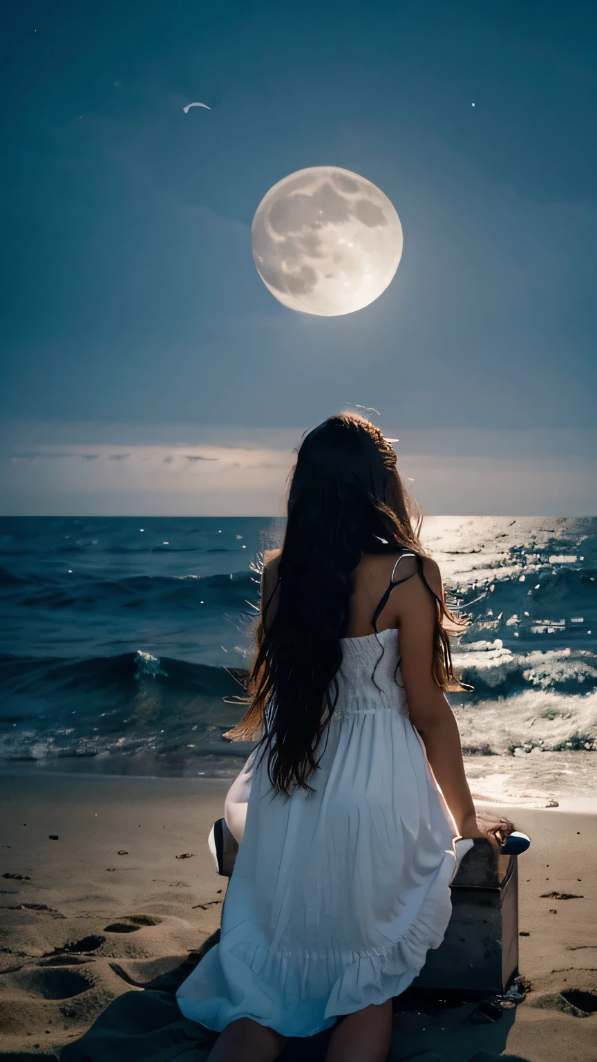 night，A full moon intersects the sea level，A long-haired girl in a white dress sits on the beach and looks at the moon in the distance，The sea breeze ruffled her hair，Wave after wave，A few seagulls can be seen in the distance