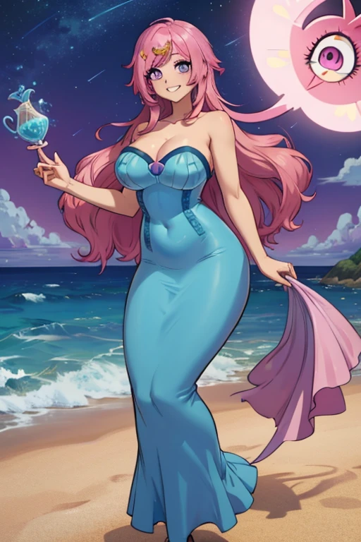 A pink haired female mermaid with violet eyes and an hourglass figure in a pink mermaid style gown is holding a seashell on a beach at night with a big smile