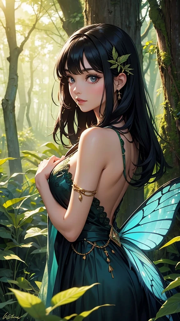 A beautiful black-haired woman transformed into a forest fairy