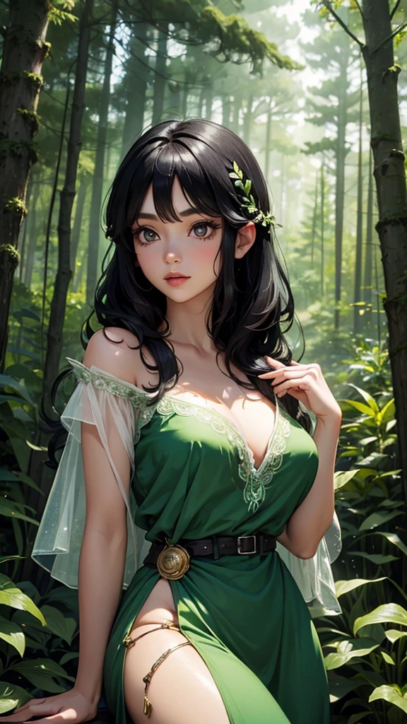A beautiful black-haired woman transformed into a forest fairy