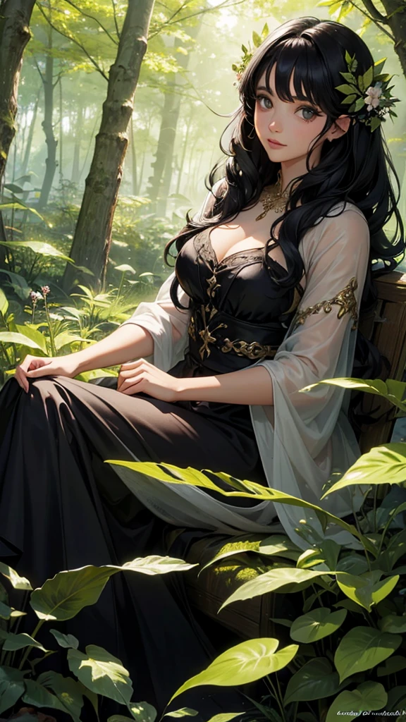 A beautiful black-haired woman transformed into a forest fairy