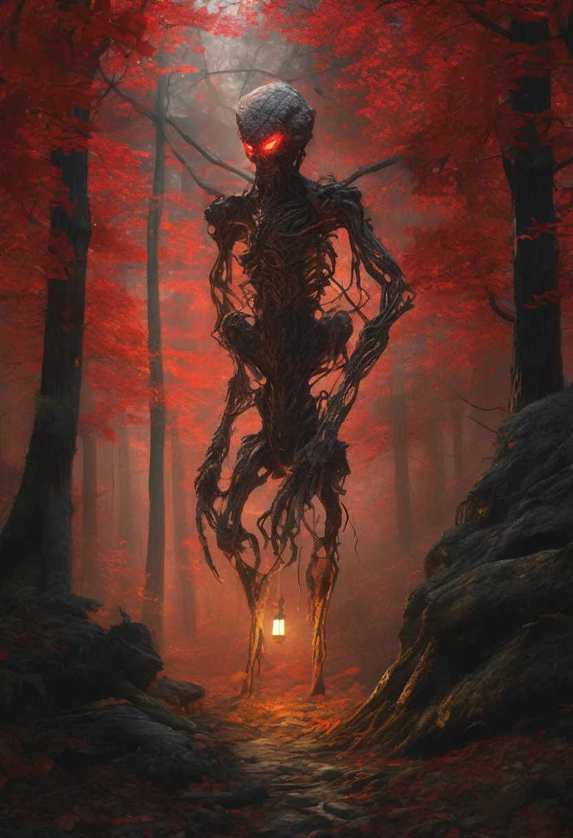 (Award-winning masterpiece:1.5), (incredible detail), (hyper realistic:1.4), (whole body:1.7), (creature emerging from darkness), (tall and skeletal figure), (disproportionately long limbs), (glowing red eyes reflecting lantern light), (dark forest), (dramatic lighting), (intricate details:1.1)