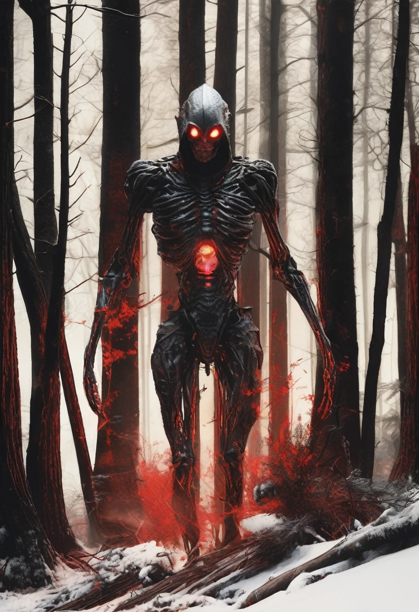 (Award-winning masterpiece:1.5), (incredible detail), (hyper realistic:1.4), (whole body:1.7), (creature emerging from darkness), (tall and skeletal figure), (disproportionately long limbs), (glowing red eyes reflecting lantern light), (dark forest), (dramatic lighting), (intricate details:1.1)