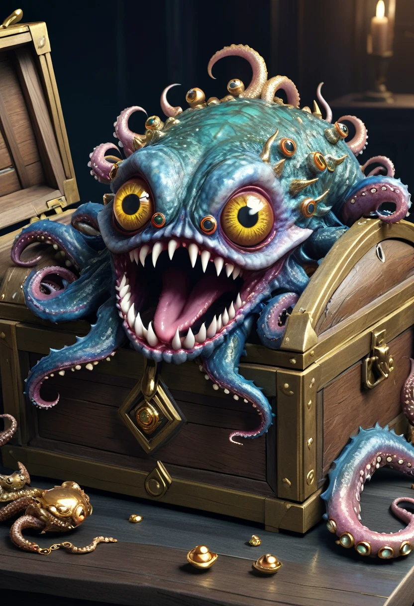 a bizarre treasure chest monster with one eye, sharp fangs, ugly features, long tentacles, spilled jewels, intricate details, photorealistic, highly detailed, 8K, award winning, masterpiece
