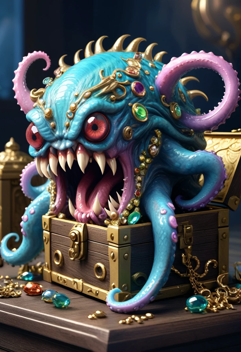 a bizarre treasure chest monster with one eye, sharp fangs, ugly features, long tentacles, spilled jewels, intricate details, photorealistic, highly detailed, 8K, award winning, masterpiece