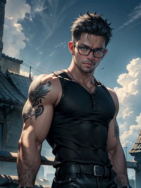 a 26 year old boy,pivalora,pivalora face,serious expression,black sleeveless shirt,black pants,black hair,levitating in blue sky,clouds,(best quality,4k,8k,highres,masterpiece:1.2),ultra-detailed,(realistic,photorealistic,photo-realistic:1.37),detailed face,extremely detailed eyes and face,cinematic lighting,dramatic atmosphere,vibrant colors,surreal,fantasy