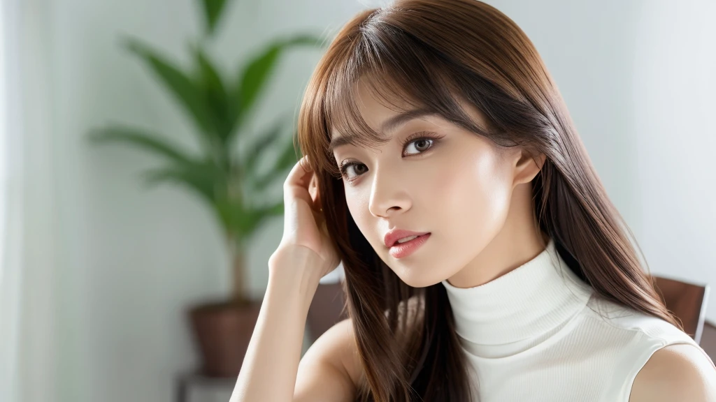 (detailed face),VIVID,normal breasts,pretty,chair,sleeveless and turtle neck white silky clothes,4k ,super high resolution ,(photo-realistic: 1.7),white background,long hair,