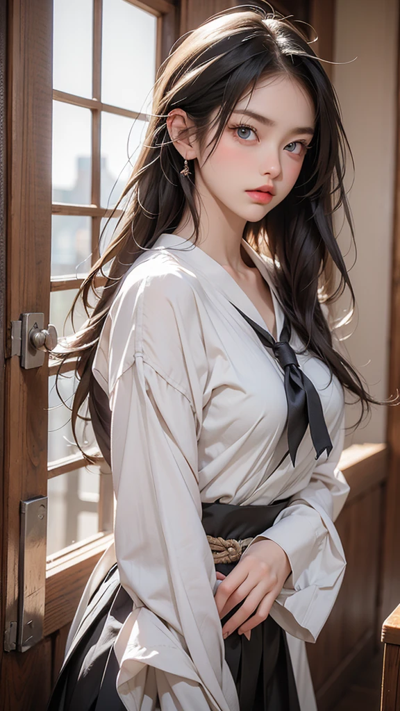 There is a beautiful woman. She is a stunning beauty, half French and half Japanese. Her face is incredibly beautiful, with beautiful blue eyes and beautiful straight long hair, which is bright blonde. Her facial expression is like a bully, frowning and puffing her cheeks, expressing her anger and dissatisfaction. Please dress her in a Japanese high , a sailor suit. The top is a white blouse, and the skirt is a gray sailor suit. The composition is a close-up from the chest up. The beautiful woman is facing straight ahead, very angry and complaining. As for the story, the beautiful woman is in a situation where she is having a verbal fight. The background is a school classroom. Please express this.