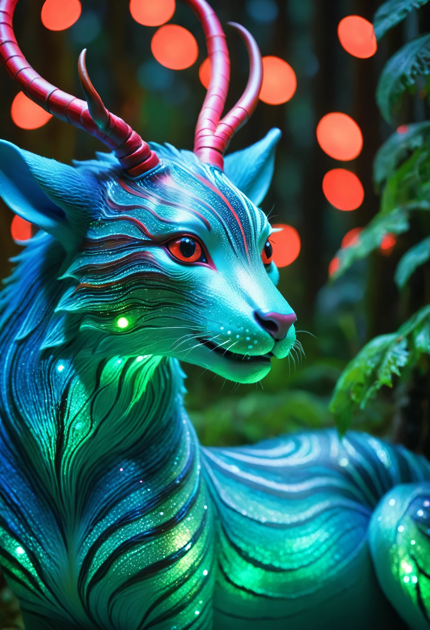 An exquisite mythical creature of the forest，Skin smooth as silk，It has a delicate pattern of spots and stripes，Seems to sparkle in the night, 8K, Colored lights, vivid, Ultra Detailed, Surreal photography ，blue，Red，green，blue