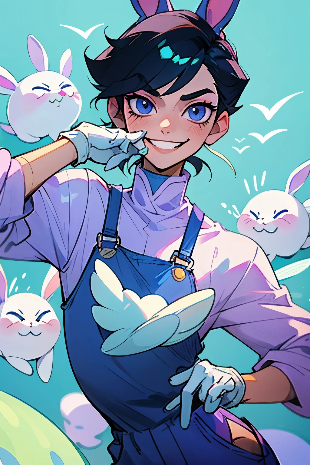 kpop boy wearing a soft purple turtle neck outfit, with a pastel blue colored overalls , white gloves, smile with teeth, white rabbit ear, smirk face, attractive pose cannot be ressist, blue eyes, black hair, bunny demi-human, porcelain skin, long white eyelashes, dramatic eyelashes