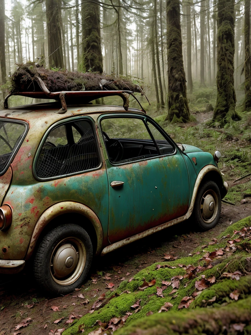 A disturbing image of a decomposing red Fiat 600, Its partially deteriorated remains covered in moss and lichen. The big one, twisted, leaf-shaped structures beneath the insect resemble twisted rope, and the surrounding forest is bathed in warm, Golden light. The sun casts a warm glow on the scene, illuminating the decaying leaves, highlighting the vivid color and texture of decaying wood. fast shutter speed, wide opening, low light