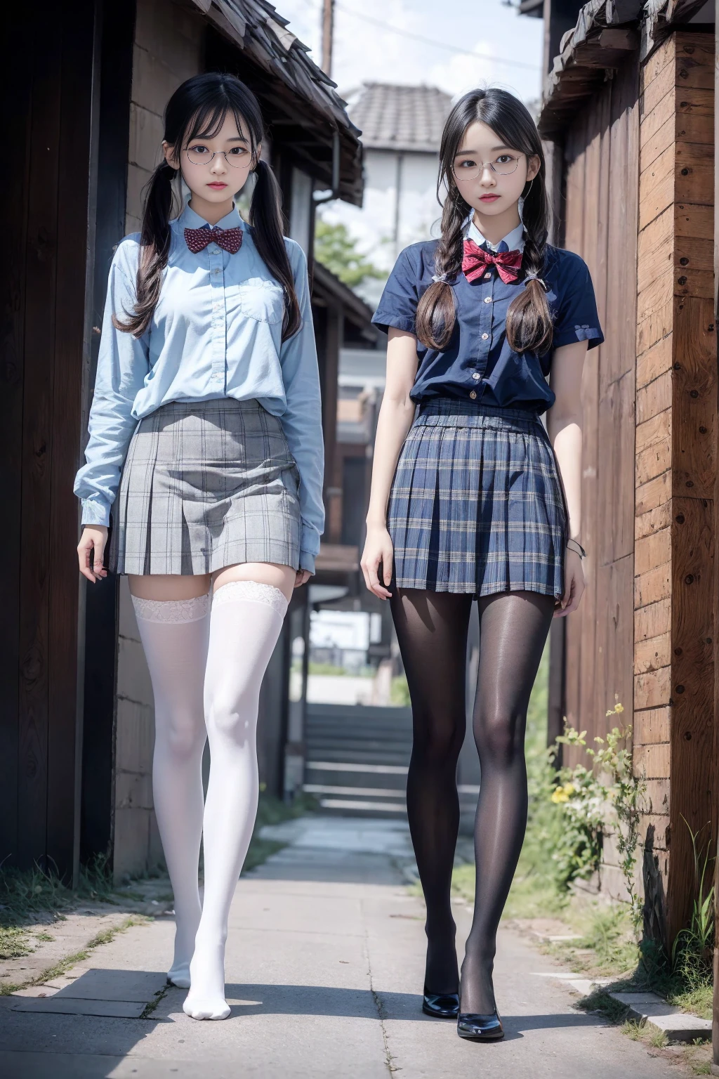 (Long twin tails),(Bra is visible through),（8K、RAW Photosgraphy、Highest quality、masterpiece：1.2),Cat order,Glamour,Chromo White Skin,Cheeky,School,Staring at the audience,Viewed from the front,Muchimuchi,erotic,student,White skin,knees,Student Bag((Black Pantyhose)),Absurd,a small face,small ,Flat Chest,前hairを真ん中から分ける、The forehead is visible,(Cold look,eyeを細めて,Glare,strong,skinny,Sanding,Rage)、masterpiece,Highest quality、Ultra-high resolution,RAW Photos,Len,Beautiful poop,One person, solo,Glasses,,Dark look,small胸,whole body,Round Glasses,ＪＫ ,high school girl,Japanese women,standing,（Photorealistic：1.37）、Photon Mapping,Realistic、Beauty,Cute face,茶色のeye、Black socks、(Red bow tie)、Radio City、物理ベースLenダリング、Depth of written boundary、Blurred Background、picture,body,Beautiful feet, Long legs, Thin legs,(前hairが見える), hair, Lips, green_eye, Nose Soft,(Light blue shirt), (Navy, blue and white checkered pleated skirt), kneesが見える,See-through clothing,, thigh, black cotton socks,Nogizaka idol, , Japanese Ido
