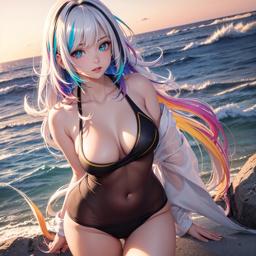 {{masterpiece}}, best quality, extremely detailed CG unity 8k wallpaper, cinematic lighting, lens flare, beautiful detail eyes, black, side glance, multicolor short white hair, colorful light, particles, heterochromia, (colorful:1.5), (colorful hair:1.5), show body goal, beach view, swimsuit,