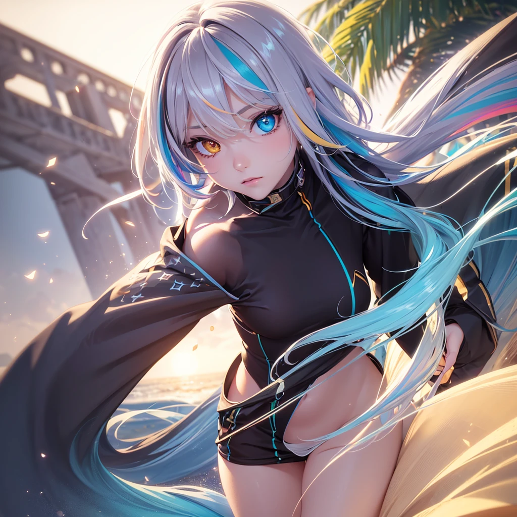 {{masterpiece}}, best quality, extremely detailed CG unity 8k wallpaper, cinematic lighting, lens flare, beautiful detail eyes, black,  side glance,  multicolor short white hair, colorful light, particles, heterochromia, (colorful:1.5), (colorful hair:1.5), show body goal, beach view,  ,