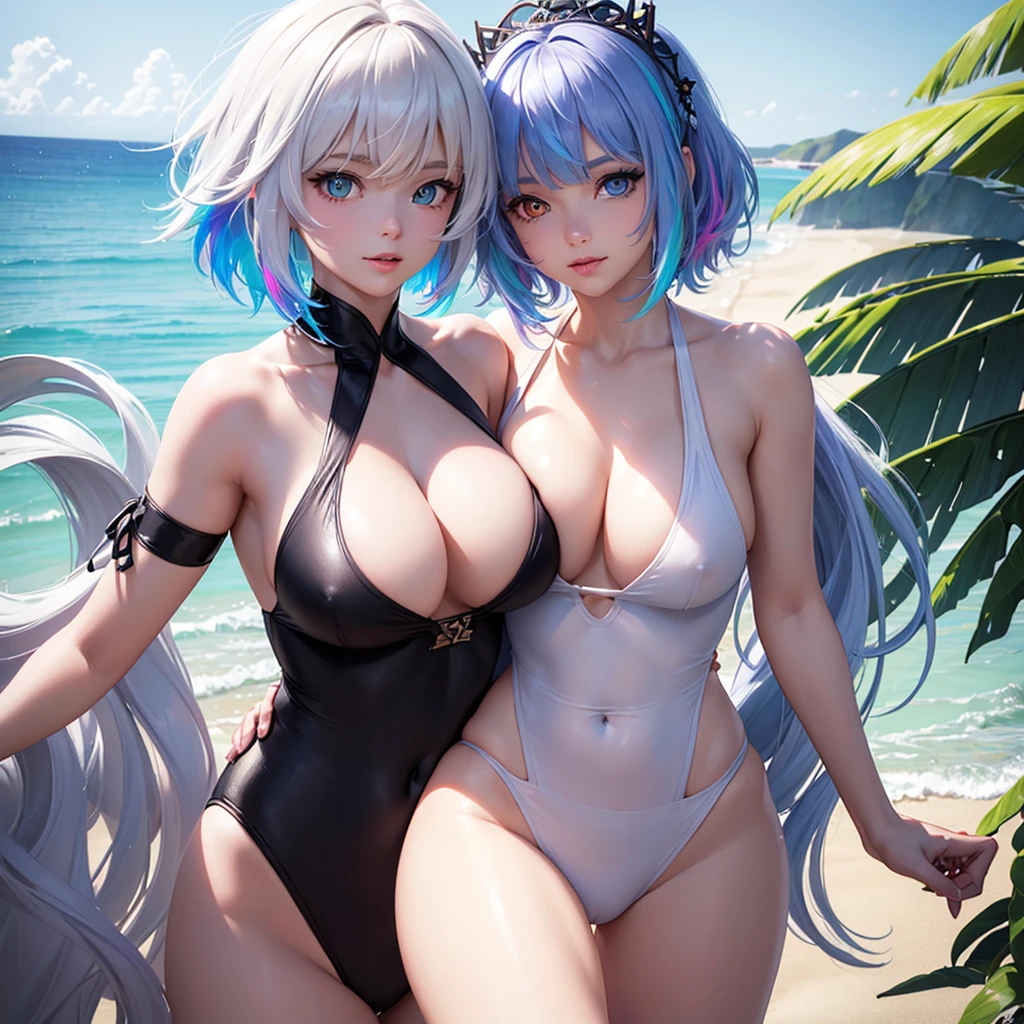 {{masterpiece}}, best quality, extremely detailed CG unity 8k wallpaper, cinematic lighting, lens flare, beautiful detail eyes, black, side glance, multicolor short white hair, colorful light, particles, heterochromia, (colorful:1.5), (colorful hair:1.5), show body goal, beach view, swimsuit,