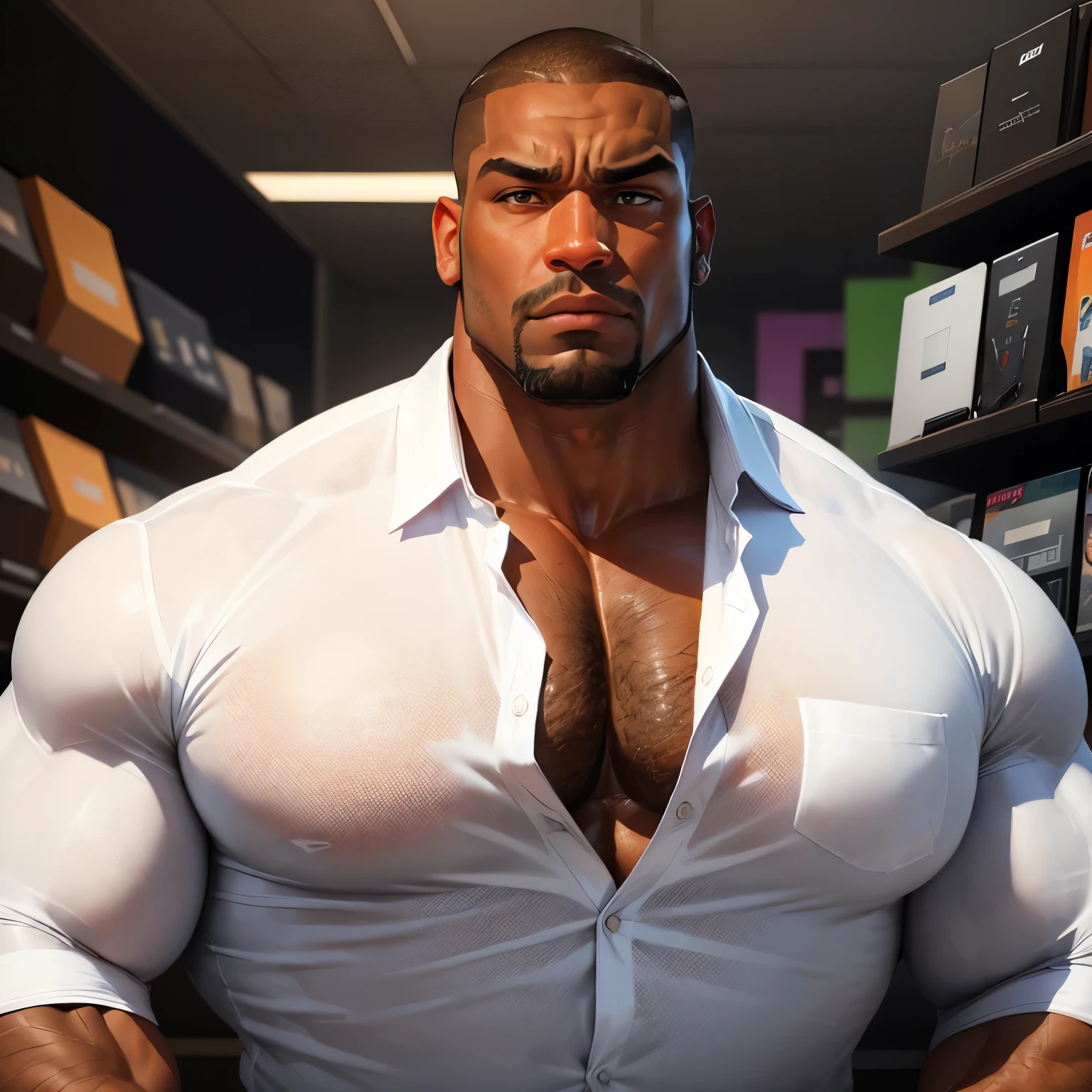 an exaggeratedly muscular and large bodyguard, beefy build, beard, dark-skinned african american male, buzzcut hair with square line, (confused expression: 1.2), (wearing white business shirt: 1.2), (bara pecs: 1.3), beefy pecs, (arm and chest hair: 1.2), portrait HD, (electronics store isles)