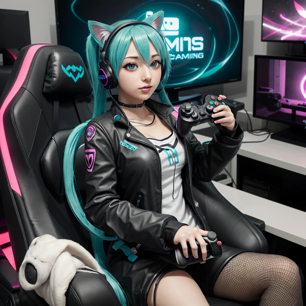 1girl, Hatsune Miku, red eyes, cat ears, gamer girl, holding controller, huffing, sitting in gaming chair, gaming room background, cute