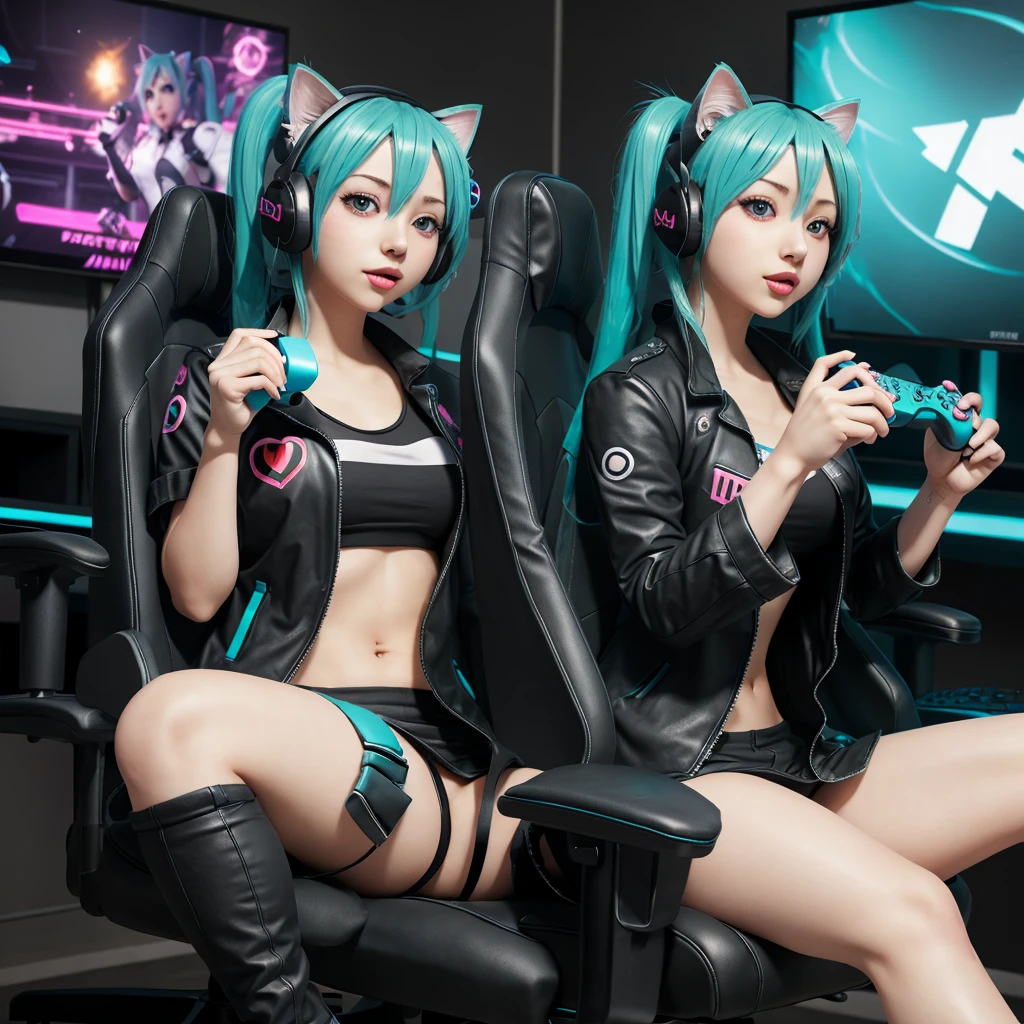 1girl, Hatsune Miku, red eyes, cat ears, gamer girl, holding controller, huffing, sitting in gaming chair, gaming room background, cute