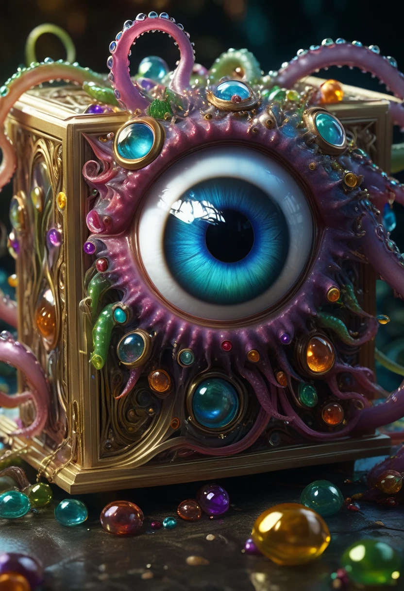 a strange box creature, huge eye, long tentacles, scattered jewels, intricate detailed fantasy creature, highly detailed, 4k, photorealistic, hyperrealistic, dramatic lighting, cinematic, award-winning digital art, vibrant colors, reflective surfaces, glossy textures, depth of field, dramatic shadows, dynamic composition, masterpiece