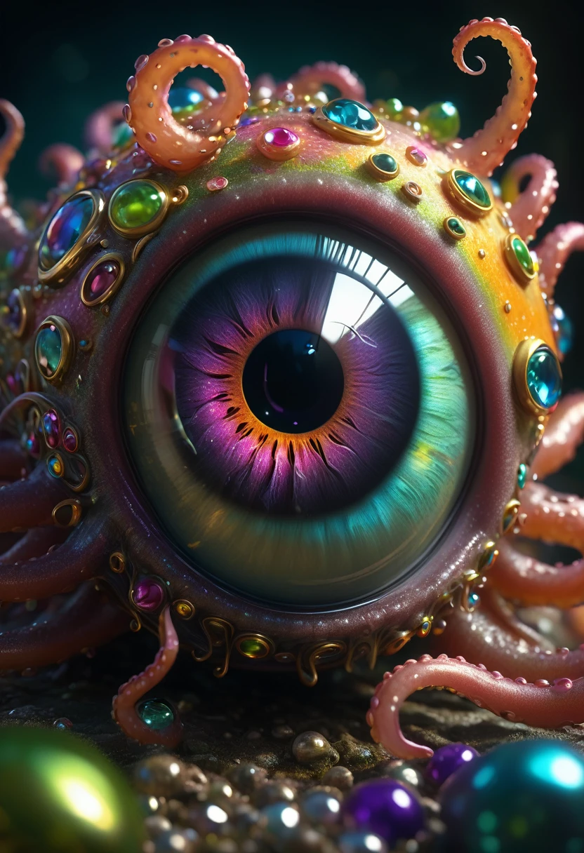 a strange box creature, huge eye, long tentacles, scattered jewels, intricate detailed fantasy creature, highly detailed, 4k, photorealistic, hyperrealistic, dramatic lighting, cinematic, award-winning digital art, vibrant colors, reflective surfaces, glossy textures, depth of field, dramatic shadows, dynamic composition, masterpiece