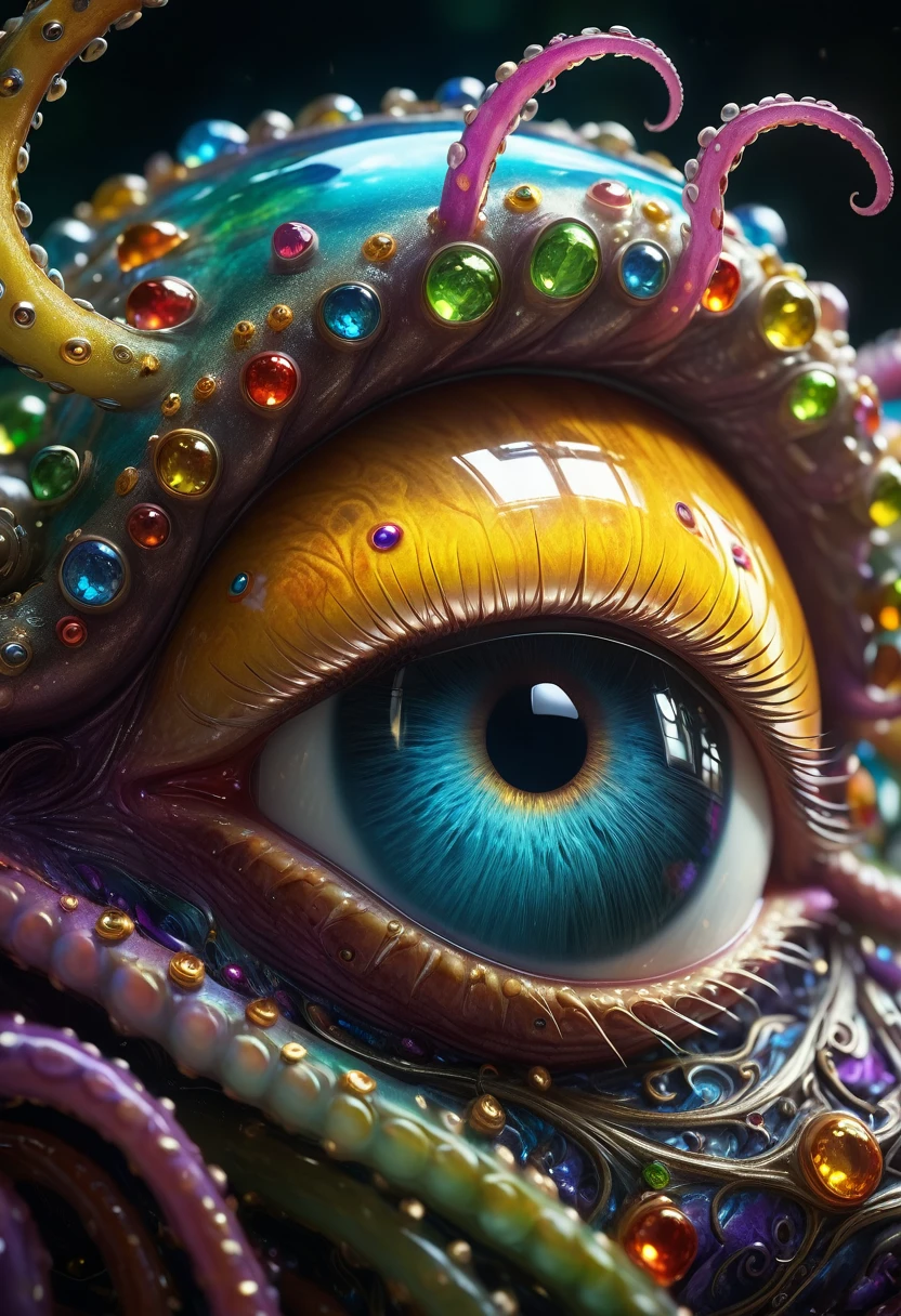 a strange box creature, huge eye, long tentacles, scattered jewels, intricate detailed fantasy creature, highly detailed, 4k, photorealistic, hyperrealistic, dramatic lighting, cinematic, award-winning digital art, vibrant colors, reflective surfaces, glossy textures, depth of field, dramatic shadows, dynamic composition, masterpiece