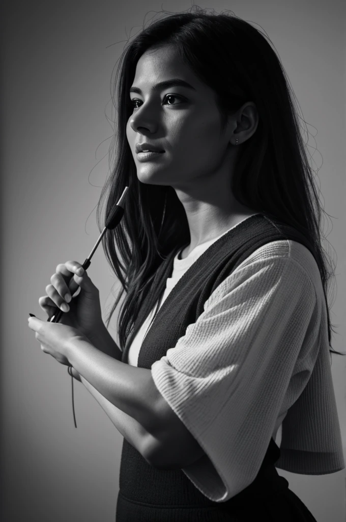 realistic sketch, a woman, 8k, a match in front of her ( she holding), black and white, detailing, dim light