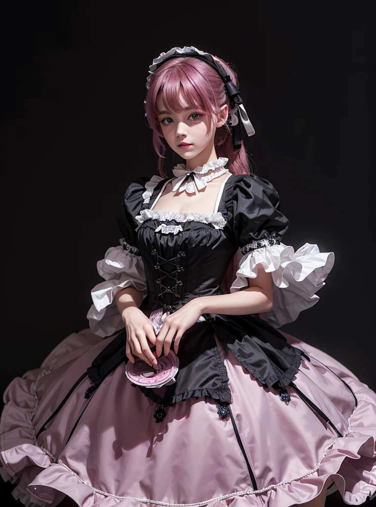 a beautiful girl,magenta hair,looking at the viewer,standing,happy face,(Very Detailed: 1.3),ultra realistic,HDR,(High Dynamic Range),8K RAW,(((1GIRL))),(((wearing lolita dress))),(((black background))),masterpiece,best quality,perfect proportions