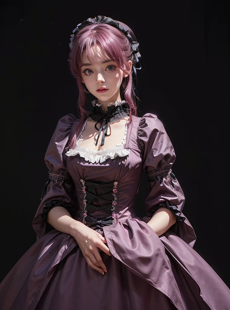 a beautiful girl,magenta hair,looking at the viewer,standing,happy face,(Very Detailed: 1.3),ultra realistic,HDR,(High Dynamic Range),8K RAW,(((1GIRL))),(((wearing ****ta dress))),(((black background))),masterpiece,best quality,perfect proportions