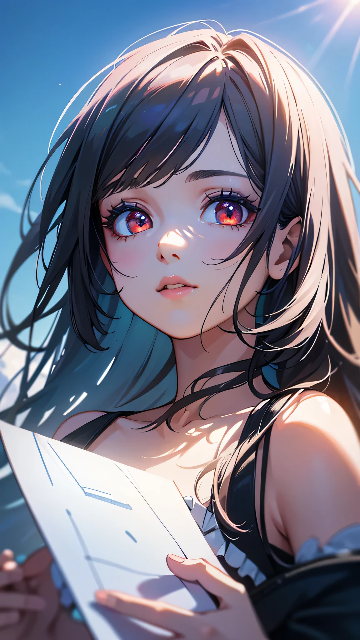 1girl, beautiful detailed eyes, beautiful detailed lips, extremely detailed eyes and face, long eyelashes, 18 year old girl, black hair, red eyes, swimsuit, (((holding white paper facing viewer))), blue sky, blue sea, sea reflecting light, best quality, 4k, 8k, highres, masterpiece:1.2, ultra-detailed, realistic, photorealistic, photo-realistic:1.37, HDR, UHD, studio lighting, ultra-fine painting, sharp focus, physically-based rendering, extreme detail description, professional, vivid colors, bokeh