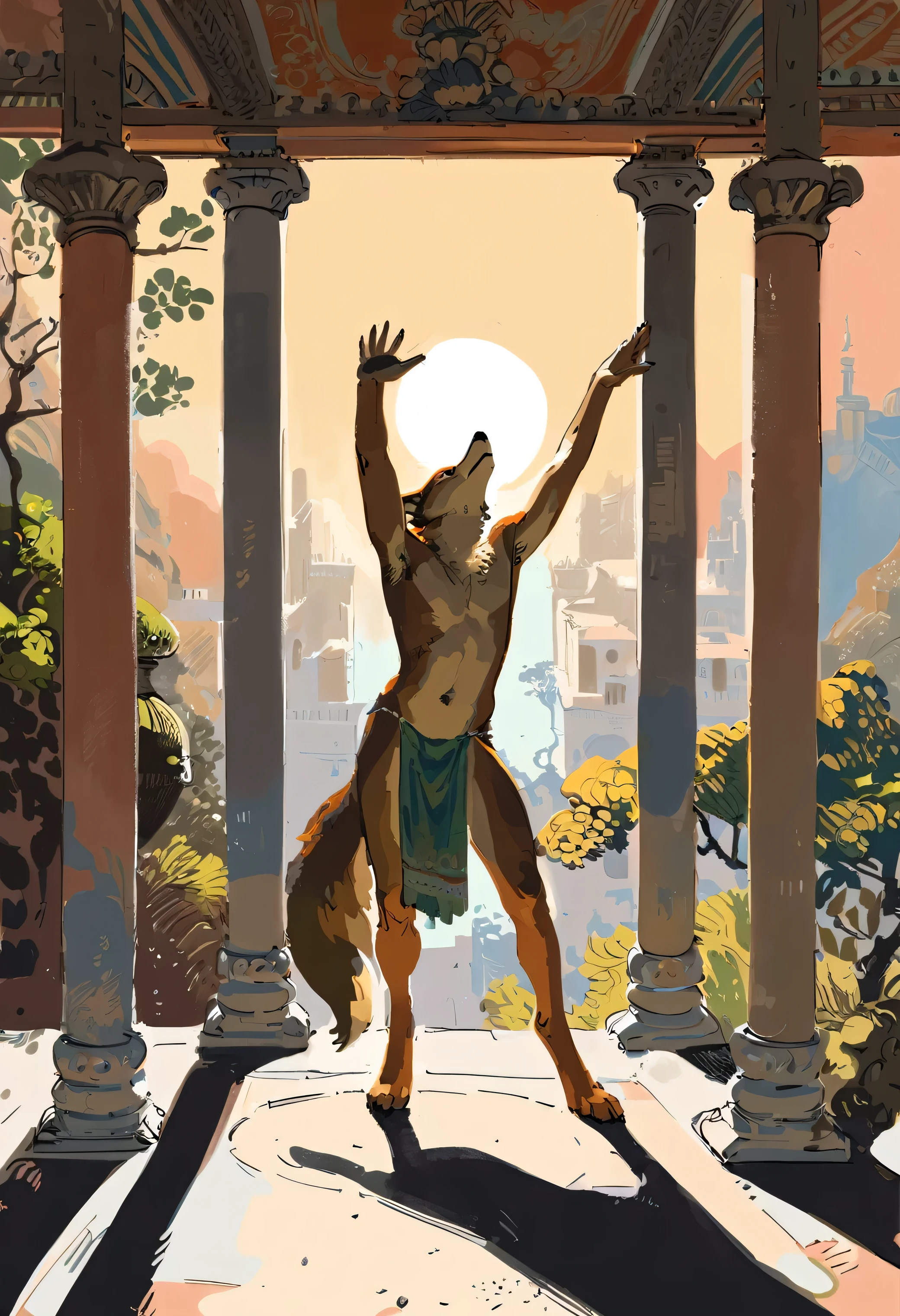 solo, male, anthro, (coyote), by seyorrol, digitigrade, digital artwork, (flat colors:1.2), ((detailed background)), (perfect hands), intricate detailed background, powerful silhouette, mysterious shadows, realistic shading, (epic, masterpiece, high quality, 8k, ultra HD, absurd res, top quality, best quality, max quality, masterpiece), loincloth, ((, ((feminine body)))), reaching out, looking upward, chin up, (tail:1.2), dusk,