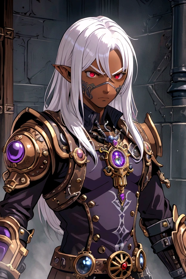 ((best quality)), ((masterpiece)), (detailed), ((boy)), ((mix between dungeonpunk and steampunk armor)), (serious), fantasy illustration, dark skinned, human, upper body, portrait, red eyes, long white hair, (wearing armor), Xemnas from Kingdom Hearts, half-drow, pointy ears, serious face, dramatic lighting, purple hue, art by Kinema Citrus and Tetsuya Nomura