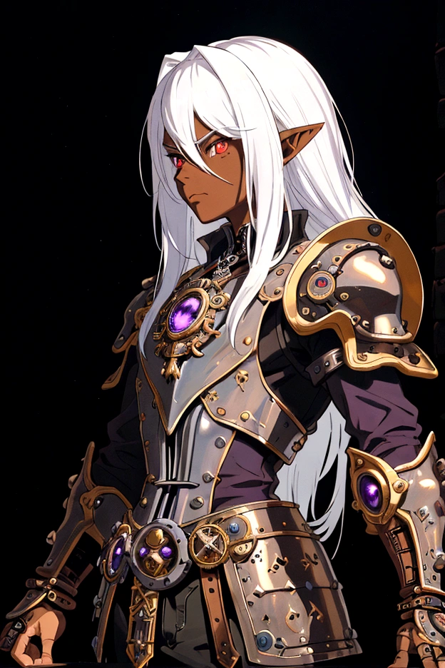 ((best quality)), ((masterpiece)), (detailed), ((boy)), ((mix between dungeonpunk and steampunk armor)), (serious), fantasy illustration, dark skinned, human, upper body, portrait, red eyes, long white hair, (wearing armor), Xemnas from Kingdom Hearts, half-drow, pointy ears, serious face, dramatic lighting, purple hue, art by Kinema Citrus and Tetsuya Nomura