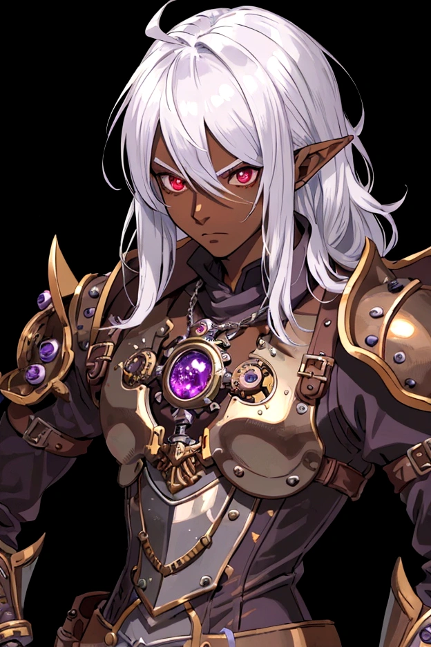 ((best quality)), ((masterpiece)), (detailed), ((boy)), ((mix between dungeonpunk and steampunk armor)), (serious), fantasy illustration, dark skinned, human, upper body, portrait, red eyes, long white hair, (wearing armor), Xemnas from Kingdom Hearts, half-drow, pointy ears, serious face, dramatic lighting, purple hue, art by Kinema Citrus and Tetsuya Nomura