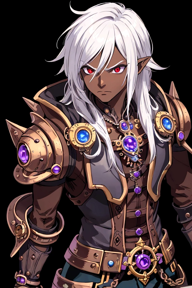 ((best quality)), ((masterpiece)), (detailed), ((boy)), ((mix between dungeonpunk and steampunk armor)), (serious), fantasy illustration, dark skinned, human, upper body, portrait, red eyes, long white hair, (wearing armor), Xemnas from Kingdom Hearts, half-drow, pointy ears, serious face, dramatic lighting, purple hue, art by Kinema Citrus and Tetsuya Nomura