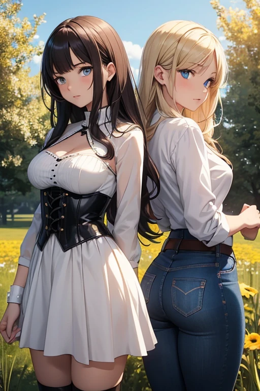 Anime style scene with a 21 year old female character with a mature face., arching your back, and a teenager standing behind her, looking at her. The woman has a lot of time, waist length, wavy blonde hair, V bangs, and blue eyes, wearing a white blouse with a chocolate corset on top, skinny skinny jeans, and high boots. The boy has short dark hair., a slim build, and wears casual clothes. They are in a vibrant spring field at noon., with the child's gaze focused on the woman, creating a dynamic and intriguing atmosphere.
