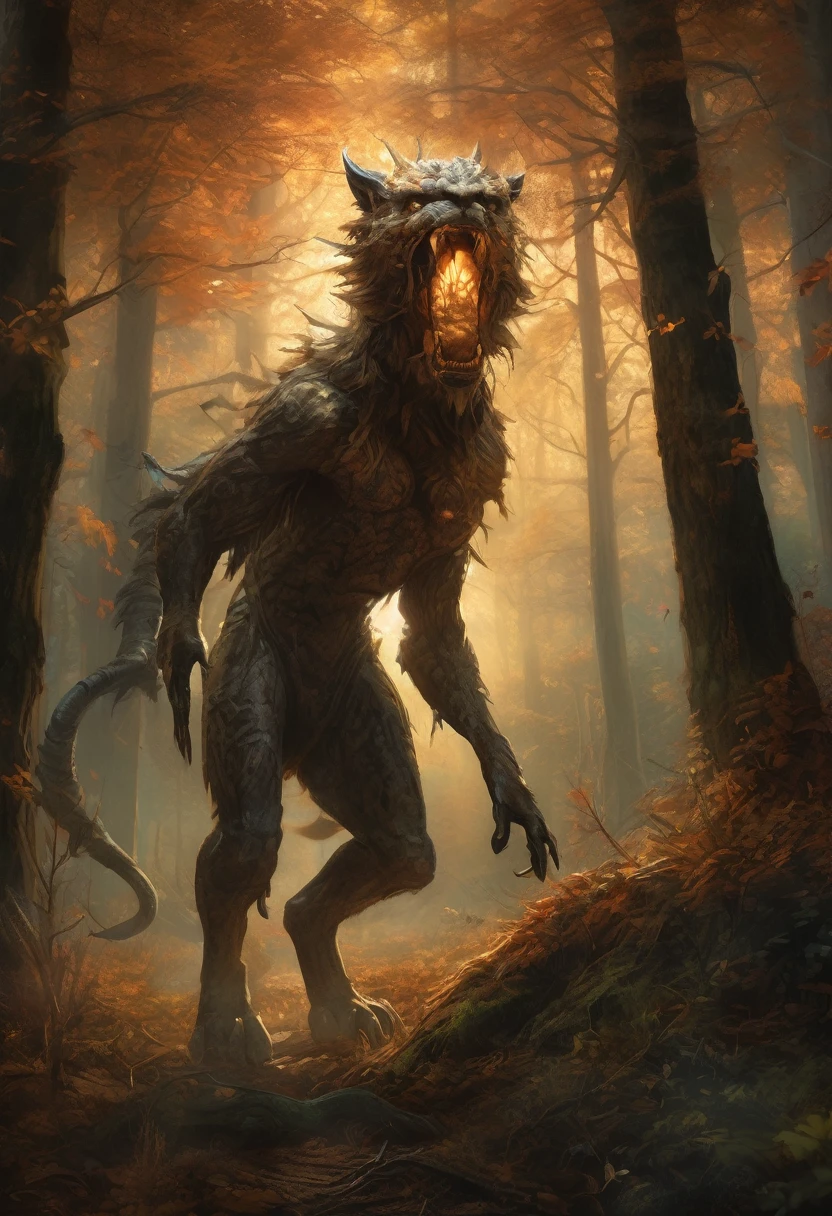 (Award-winning masterpiece:1.5), (incredible detail), (hyper realistic:1.4), (whole body:1.7), (pale skin stretched over sharp bones), (odor of decay), (creature advancing with terrifying speed), (sharp claws gleaming in lantern light), (dark forest), (dramatic lighting), (intricate details:1.1)