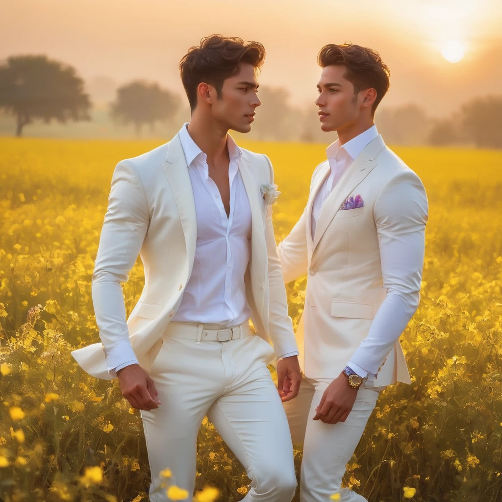 candid a photo of 2man, an attractive and charming, a graceful contrapposto stance (in a field of vibrant swirling flower), good looking masculine appearance, slender, delicate and symmetrical face, natural olive skin tone, (wearing white outfits with sheer rainbow color fabric details, backdrop of a flowing dramatically in the wind rainbow cloth include mythological elements, golden sunrise and nymphs to frame the scene. Illuminate the scene with soft diffused lighting to create a dreamlike celestial atmosphere, capturing the delicate interplay of light and shadow on face and body, ((full body shot)), wide-angle lens on a high-resolution DSLR camera to capture the grandeur and intricate details of the setting, while shooting dynamic angle to emphasize the model's majestic presence. The overall mood blend the classical elegance of the modern, high-fashion aesthetic, producing an image that feels both timeless and contemporar, raw photo, ((masterpiece)), ((best quality)), High Resolution, (ultra_realistic), (photorealistic, ((Pay attention to the layer and arrangement of model and surrounding objects)), ((Pay attention to the body composition)), ((Correct body structure)), ((Correct photo distance)), romantic atmosphere, lively extremely Gorgeous background), gay, LGBTQ,
