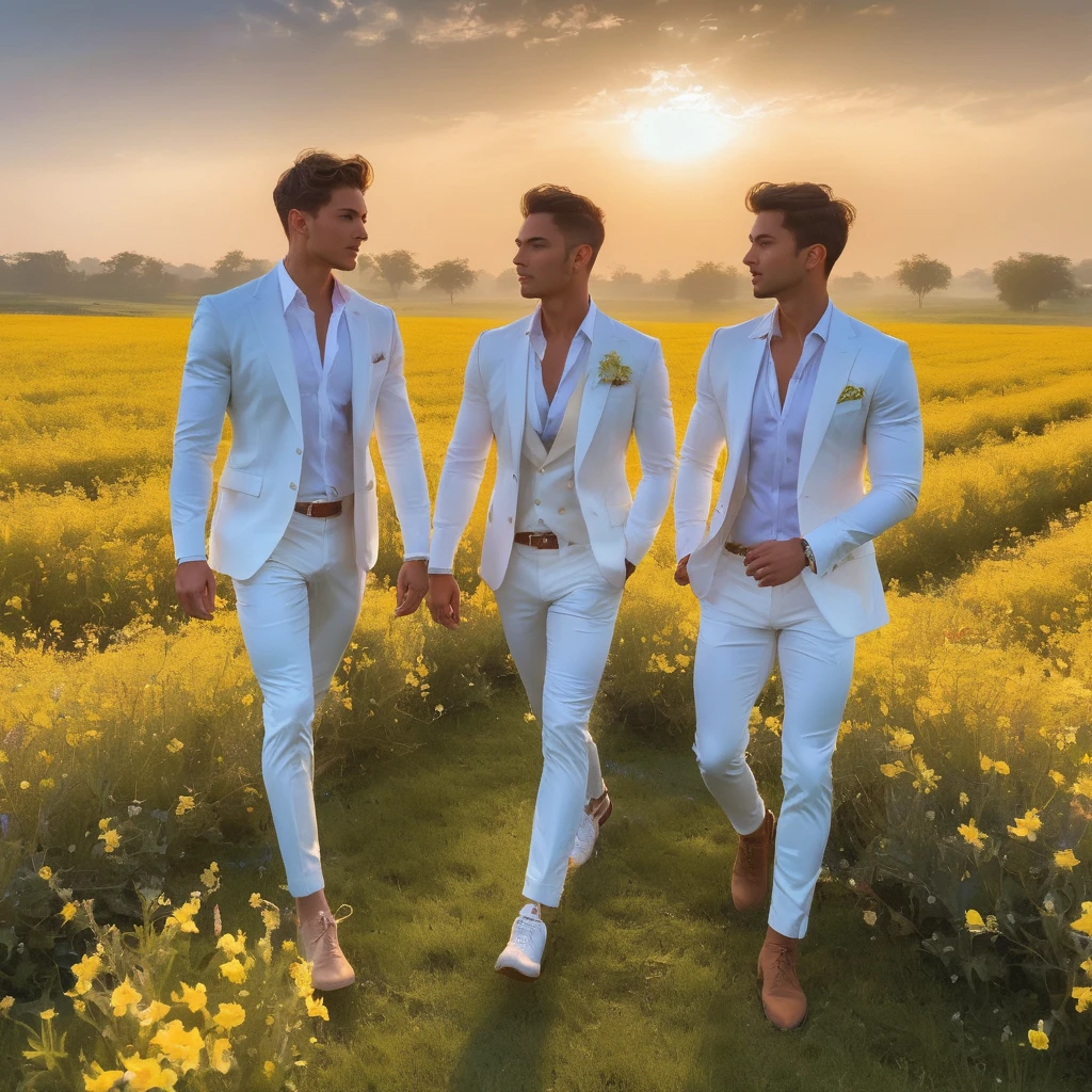 candid a photo of 2man, an attractive and charming, a graceful contrapposto stance (in a field of vibrant swirling flower), good looking masculine appearance, slender, delicate and symmetrical face, natural olive skin tone, (wearing white outfits with sheer rainbow color fabric details, backdrop of a flowing dramatically in the wind rainbow cloth include mythological elements, golden sunrise and nymphs to frame the scene. Illuminate the scene with soft diffused lighting to create a dreamlike celestial atmosphere, capturing the delicate interplay of light and shadow on face and body,  ((full body shot)), wide-angle lens on a high-resolution DSLR camera to capture the grandeur and intricate details of the setting, while shooting dynamic angle to emphasize the model's majestic presence. The overall mood blend the classical elegance of the modern, high-fashion aesthetic, producing an image that feels both timeless and contemporar, raw photo, ((masterpiece)), ((best quality)), High Resolution, (ultra_realistic), (photorealistic, ((Pay attention to the layer and arrangement of model and surrounding objects)), ((Pay attention to the body composition)), ((Correct body structure)), ((Correct photo distance)), romantic atmosphere, lively extremely Gorgeous background), gay, LGBTQ,  