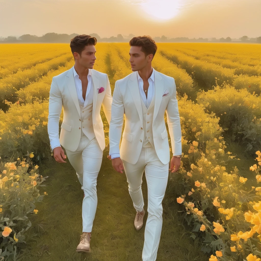 candid a photo of 2man, an attractive and charming, a graceful contrapposto stance (in a field of vibrant swirling flower), good looking masculine appearance, slender, delicate and symmetrical face, natural olive skin tone, (wearing white outfits with sheer rainbow color fabric details, backdrop of a flowing dramatically in the wind rainbow cloth include mythological elements, golden sunrise and nymphs to frame the scene. Illuminate the scene with soft diffused lighting to create a dreamlike celestial atmosphere, capturing the delicate interplay of light and shadow on face and body,  ((full body shot)), wide-angle lens on a high-resolution DSLR camera to capture the grandeur and intricate details of the setting, while shooting dynamic angle to emphasize the model's majestic presence. The overall mood blend the classical elegance of the modern, high-fashion aesthetic, producing an image that feels both timeless and contemporar, raw photo, ((masterpiece)), ((best quality)), High Resolution, (ultra_realistic), (photorealistic, ((Pay attention to the layer and arrangement of model and surrounding objects)), ((Pay attention to the body composition)), ((Correct body structure)), ((Correct photo distance)), romantic atmosphere, lively extremely Gorgeous background), gay, LGBTQ,  