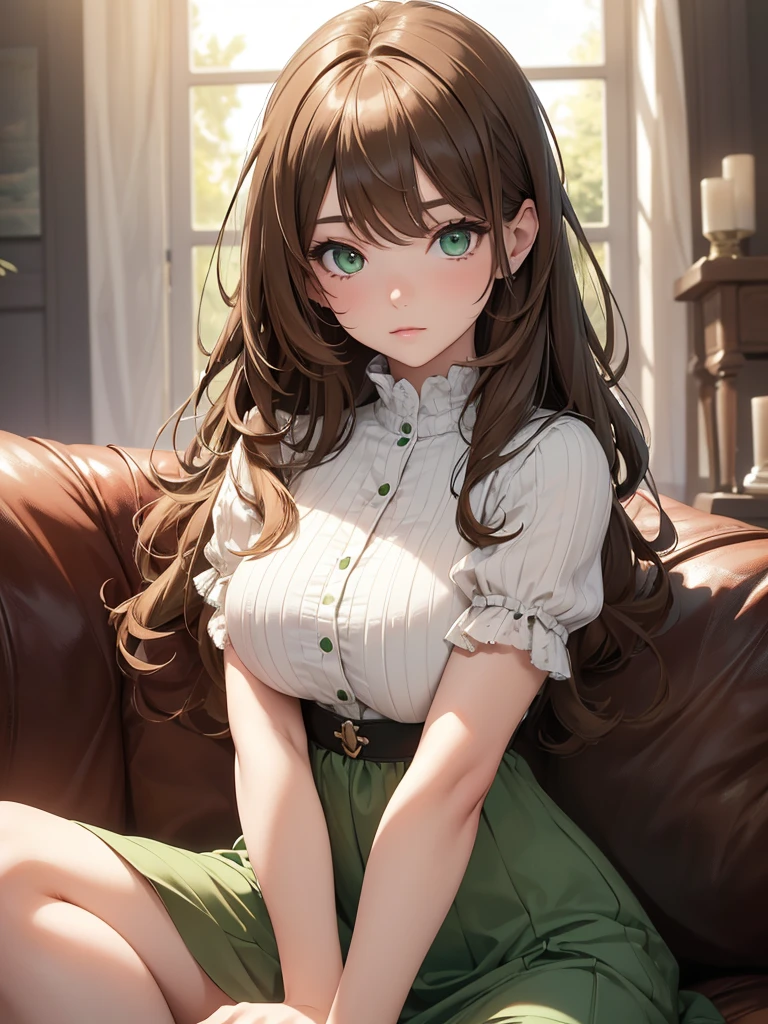 (8K, Best Quality, Masterpiece, Ultra High Resolution) 1 Girl, Short, Beautiful Eyes, Face Details, Long Light Brown Hair, Green Eyes, Pale Skin, Casual Dress, Curvy Body, Large Bust, Sitting on Sofa Masterpiece, Best Quality, Upper Body, Looking at the Viewer, Facing Viewer, Close Up