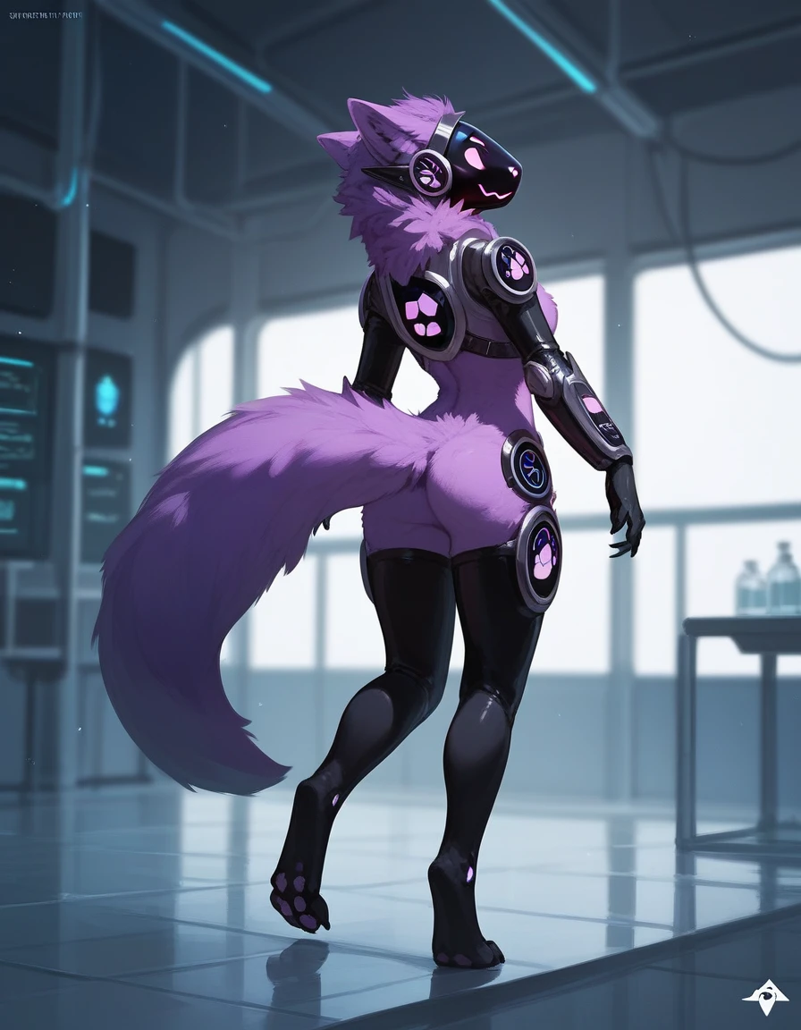 Protogen, protogen face, female, light purple fur try body, cute purple tail, naked, in a clean laboratory, black thigh highs, solo:1.3, realistic, hyper detailed, unreal engine, standing, walking, rear view