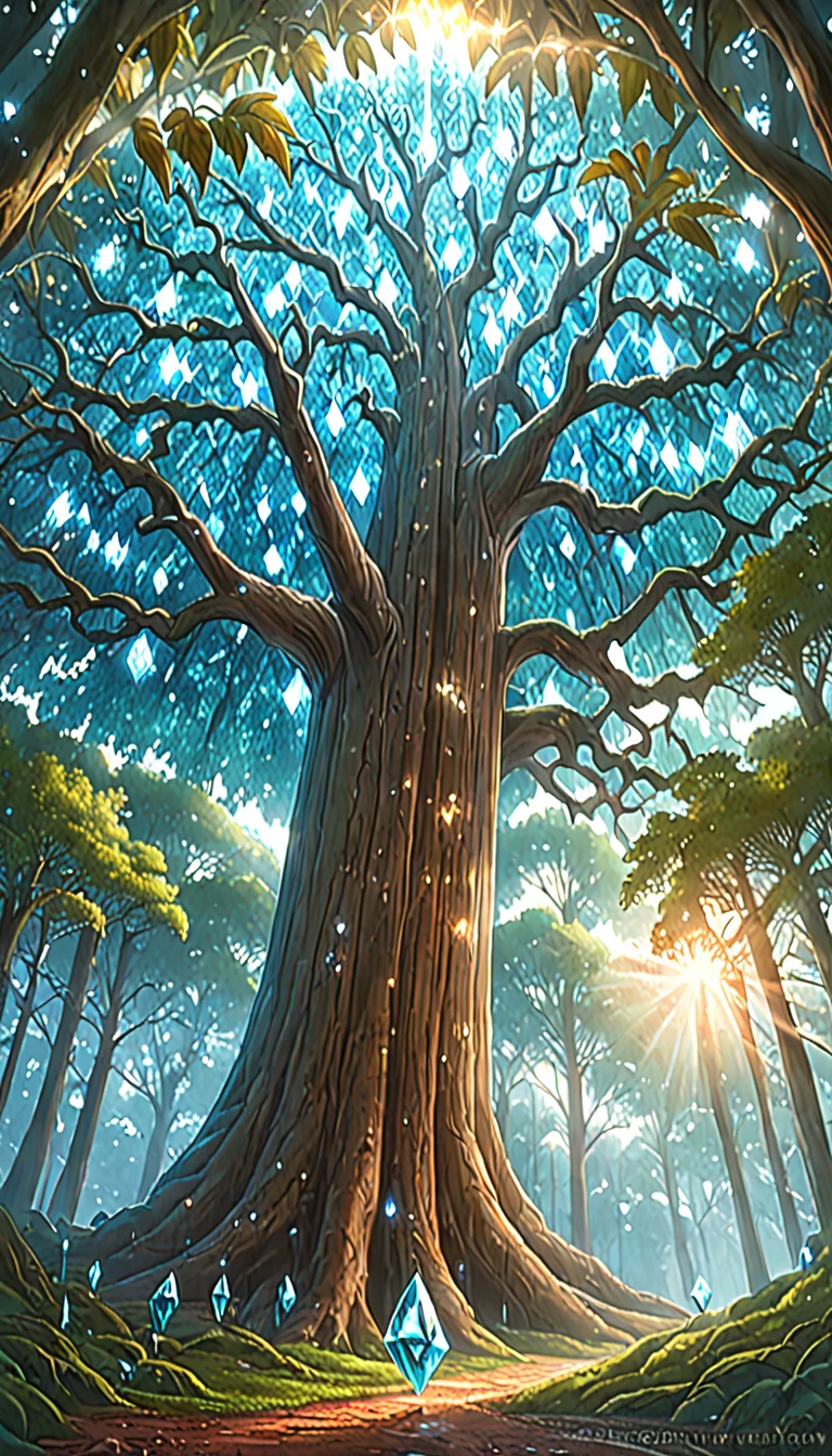 Illustration of a realistic , otherworldly, ultra sky scene featuring a giant crystal tree full body,very detailed and magical lighting, intricate forest details, vegetation and river around, solarpunk ,landscape, giant tree, beautiful leafy with beautiful lighting and realistic proportions, as if it were a cinematic background, 16k, highest quality, masterpiece, clouds and stars in the sky.pixal quality FHD _ 16k hyper datailed 