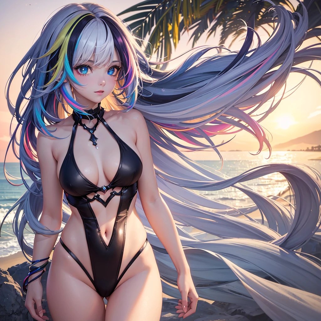 {{masterpiece}}, best quality, extremely detailed CG unity 8k wallpaper, cinematic lighting, lens flare, beautiful detail eyes, black,  side glance,  multicolor short white hair, colorful light, particles, heterochromia, (colorful:1.5), (colorful hair:1.5), show body goal, beach view,  swimsuit,