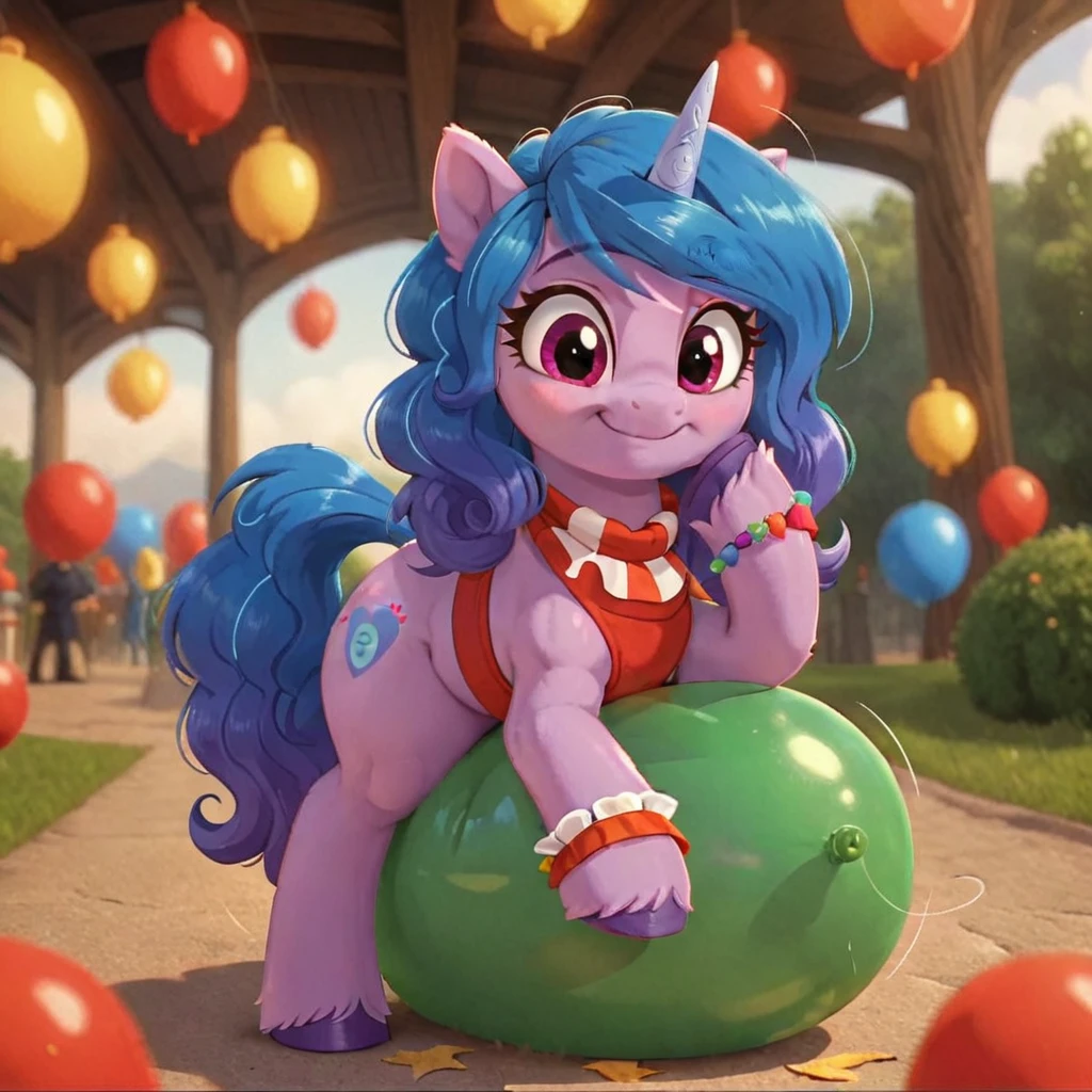 cinematic film still score_9, score_8_up, score_7_up, score_6_up, score_5_up, score_4_up, Digital art, cute, 
Izzy Moonbow, earth pony, muscular, smirking, feral,
rating_questionable,
meadow, 
(balloon fetish, looner, sitting on a balloon, balloon sitting:1.2), 
(detailed balloon, one balloon, sitpop:1.3), 
thick thighs, balloon fetish, sitting on a balloon, one balloon, too heavy,
(tied balloon, tight balloon, necked balloon:1.2), 
foreshortening, depth of field, motion lines, 
emphasis lines, impact emanata,
screencap,  . shallow depth of field, vignette, highly detailed, high budget, bokeh, cinemascope, moody, epic, gorgeous, film grain, grainy