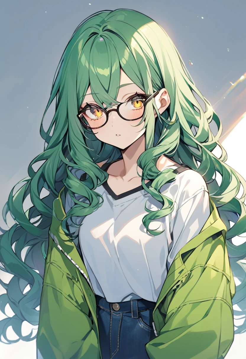girl, curly hair, long hair, yellow eyes, green hair, teenager, glasses