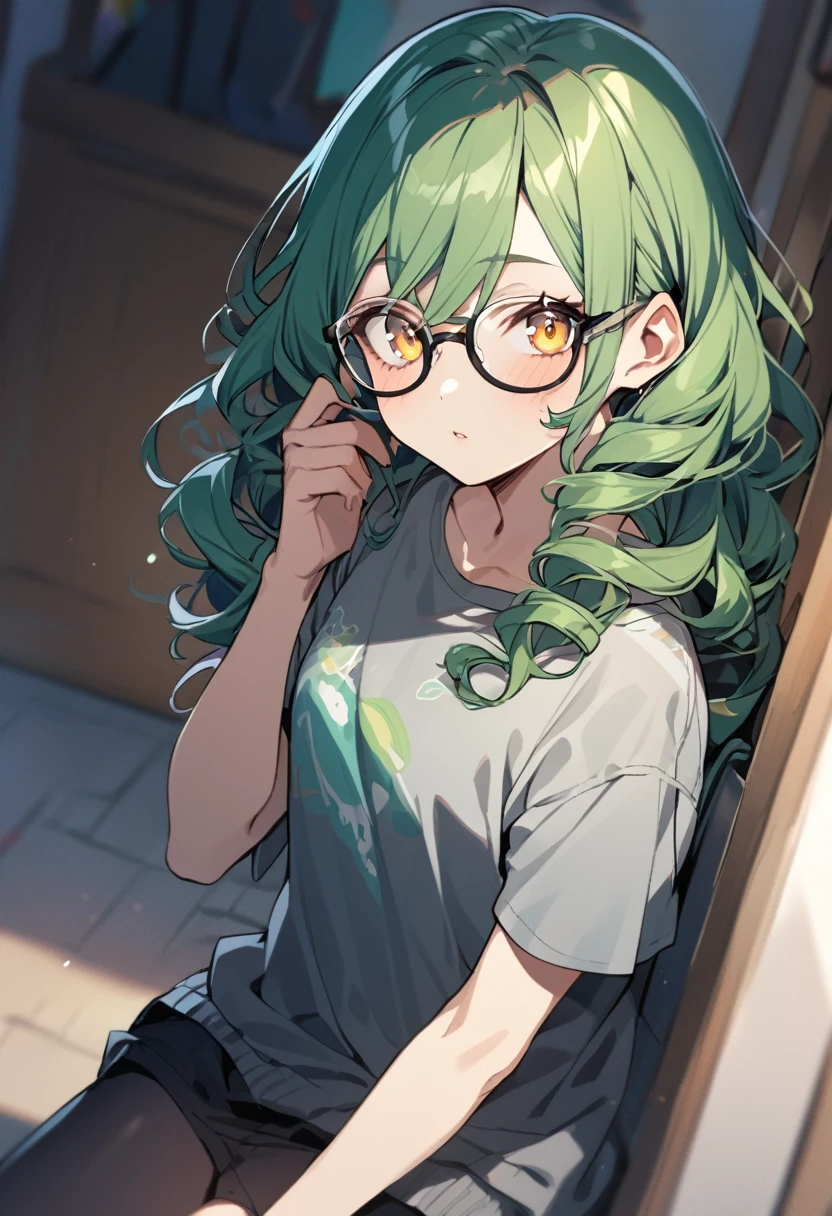girl, curly hair, long hair, yellow eyes, green hair, teenager, glasses