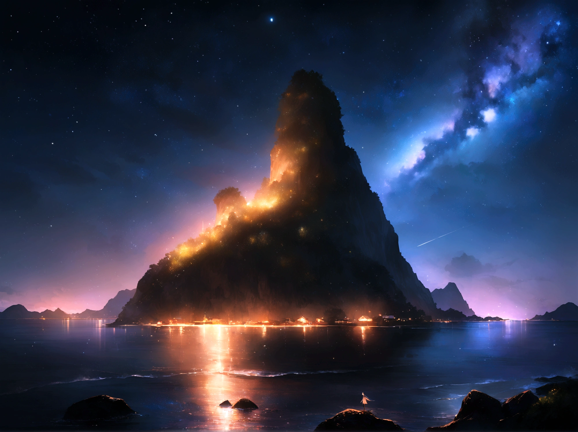 Southern Island,coastal,night,Starry Sky,milky way,Glitter effect,Highest quality, 8K, High resolution, masterpiece:1.2, Very detailed, Realistic:1.37, High resolution, 超High resolution, Ultra-fine painting, Professional, Vibrant colors