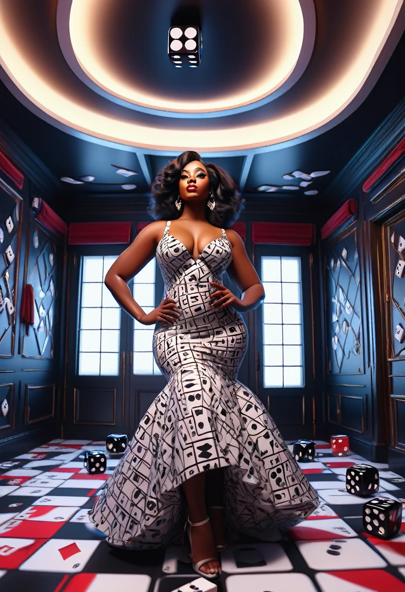 fish eye lens view from a low angle shot of a curvy Black woman in a beautiful dress standing in a dice designed room, with rolling dice designs on the walls, floor and ceilings, 32k ultra HD, unreal engine rendered, hyper-realistic image,