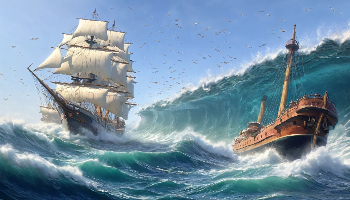 masterpiece, best quality, extremely detailed, hyperrealistic, photorealistic, sea, ship split in two